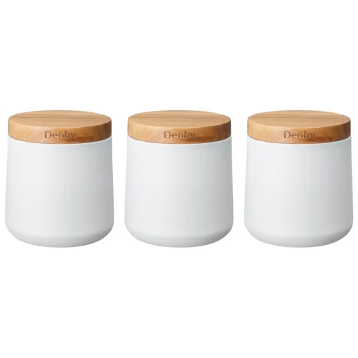 Denby Steel 3 Piece Canister Set With Acacia Wood Lids - Matte White
